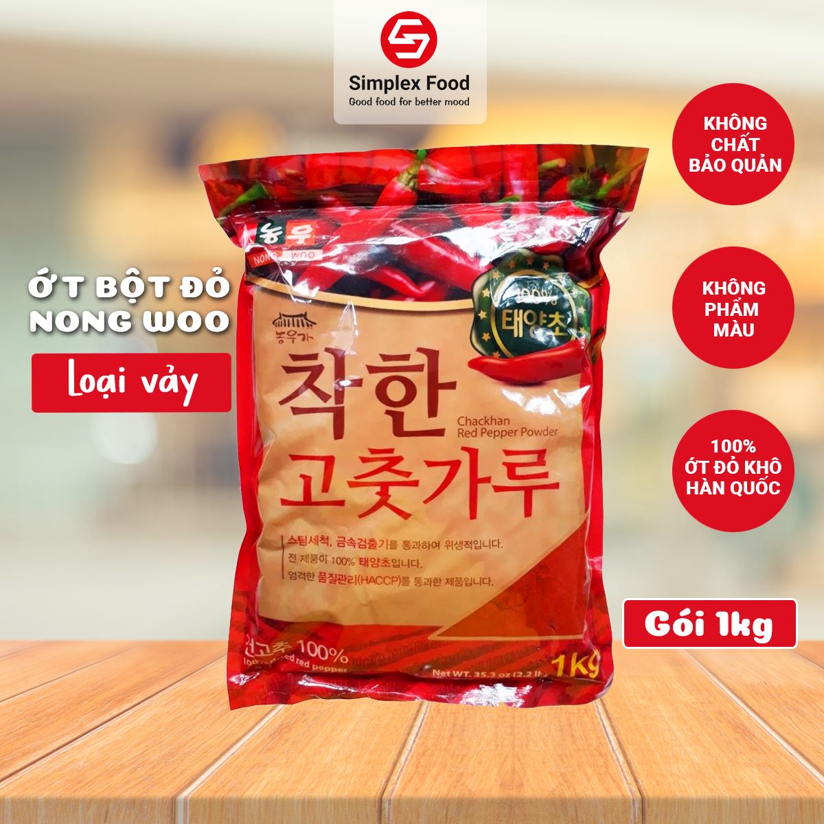 Ớt bột đỏ Hàn Quốc Nong Woo loại vảy 1kg